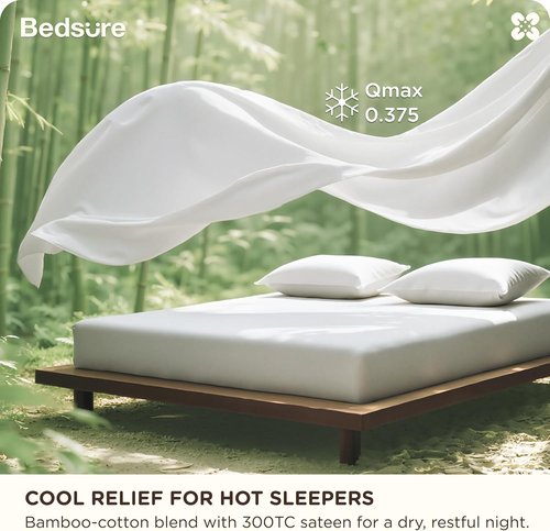 Bedsure Bamboo Viscose Cooling Sheets, Rayon Cotton Serene Blend, PureWoven, Breathable & Buttery Soft Queen Size Bed Set, Deep Pocket Up to 18", Hotel Luxury Bedding for Hot Sleepers, White