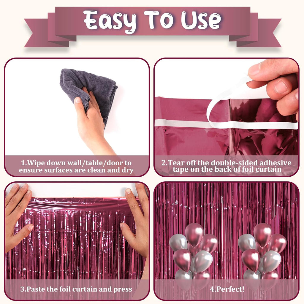 Voircoloria Foil Fringe Backdrop Curtains - 3 Pack Burgundy Tinsel Streamers for Graduation & Retro Parties