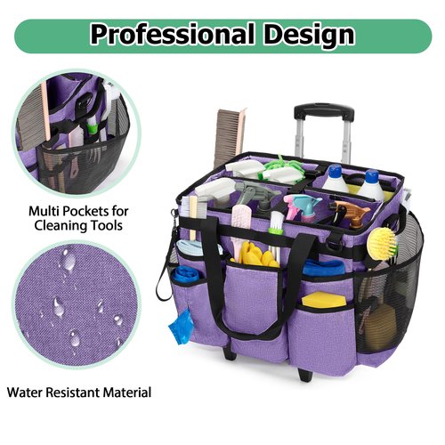 LoDrid Rolling Cleaning Bag with Detachable Trolley, Professional Cleaning Caddy with Shoulder Strap for Housekeepers, Portable Cart on Wheels for Supplies, Purple (Patent Design)