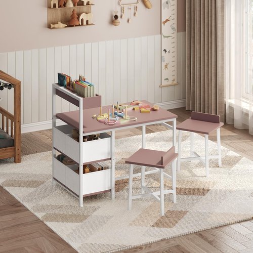 MAHANCRIS Kids Desk and Chair Set for 2, Toddler Table and Chair Set for 3-8 Years Old, Wooden Kids Study Desk for Writing & Drawing, Toddler Activity Table for Playroom, White and Pink KDBP12101