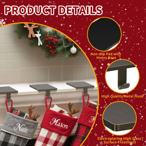 GloTika Christmas Stocking Holders for Mantle Set of 4, Heavy Duty Stocking Holder Hooks for Fireplace Tabletop Shelf Christmas Ornaments, Cast Iron Stocking Hangers Base, Bronze