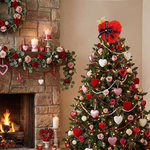 Capoda Valentine's Day Tree Topper Red Rose Heart Topper with Bows Decorations for Mini Christmas Tree 8 Inch Heart Treetop Ornaments for Valentines Galentines Day Holiday Wedding Party Supplies(Rose)