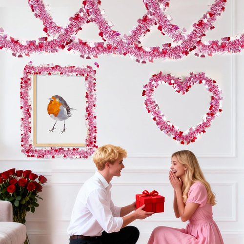 50FT Valentines Day Garland - Red Pink White Heart Valentines Tinsel Garland, Metallic Valentine Day Garland Decor for Mantel, Tree, Valentine's Day Decorations for Home (Pink)