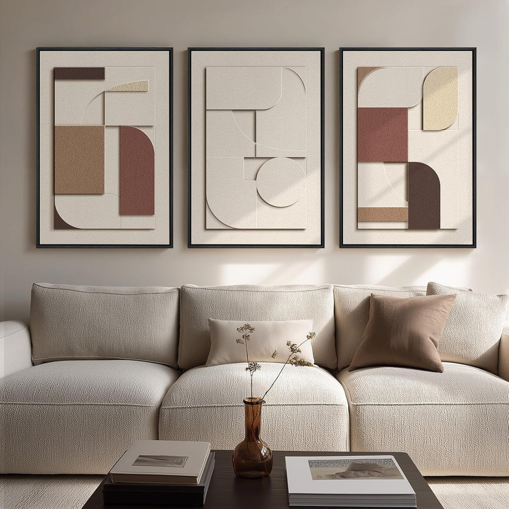 Skiennix 3D Textured Framed Wall Art - Beige Brown Geometric Paintings | Modern Minimalist 20x30 In