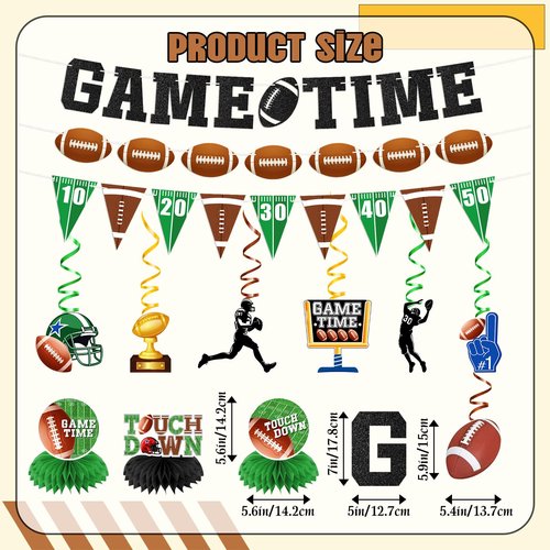 20Pcs Football Party Decorations Kit | Game Time Football Garland Banner Hanging Swirl Touch Down Honeycomb Centerpiece | Birthday & Tailgate Party Supplies