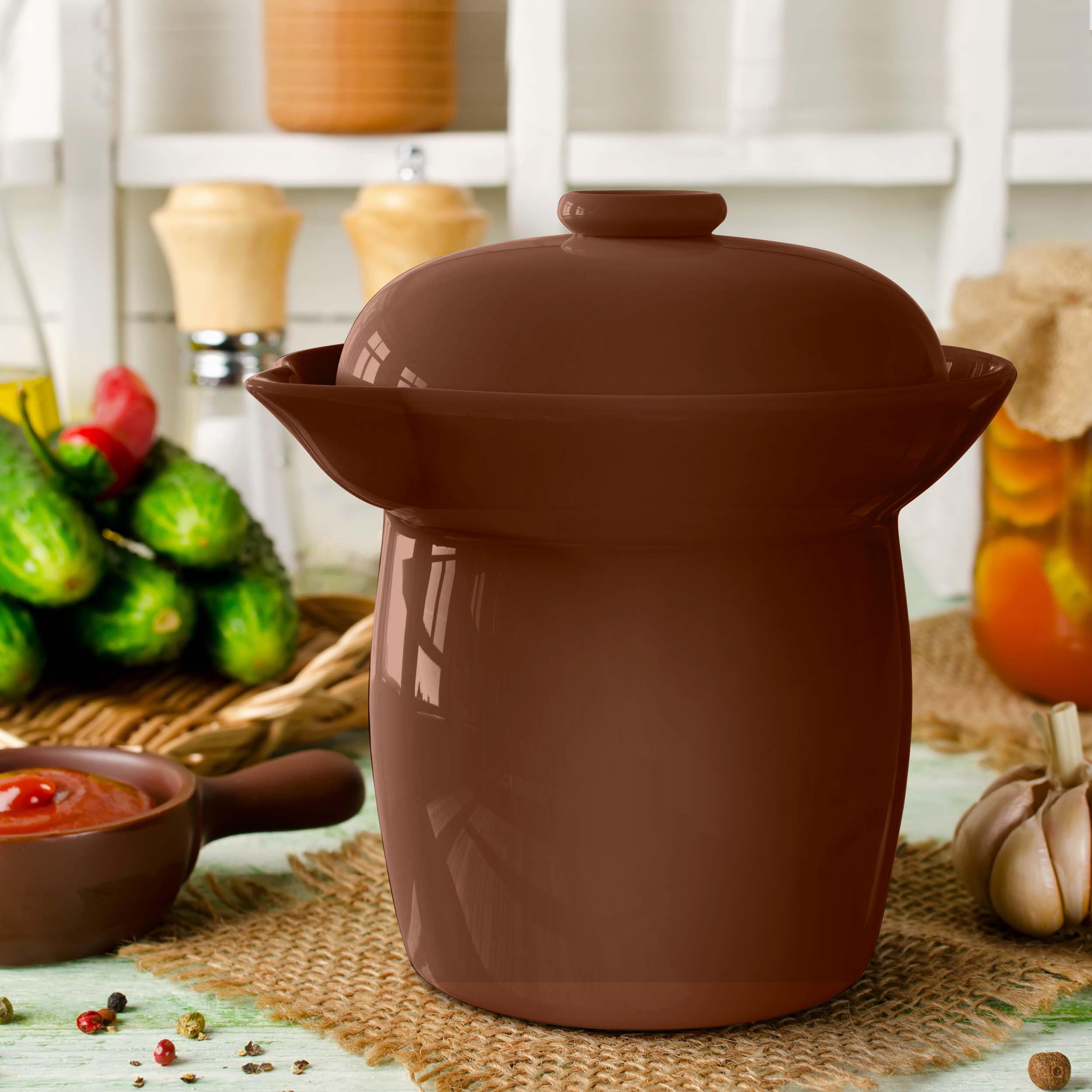 Zetilli Fermentation Crock Jar Fermenting Crock with Glazed Weights- Onggi Kimchi Pot for Fermenting Delicious Kimchi, Kombucha & Pickles - Stoneware Sauerkraut Crock Pickling Fermenter (4L BROWN)