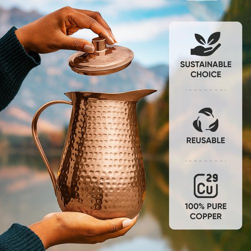 Copper Water Pitcher with Lid – 100% Pure Copper Jug for Drinking Water, Juices and Beverages (68oz / 2L) | Handcrafted Hammered Vessel