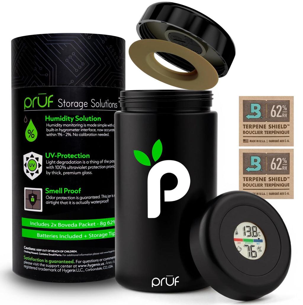 Prūf Jar with Built-In Humidity & Temperature Monitor (Hygrometer) – Airtight 500ml UV-Proof Glass Storage Jar with Silicone Seal – Humidity Control – Includes 2 Boveda 62% (8g) Packs – by Hygenix