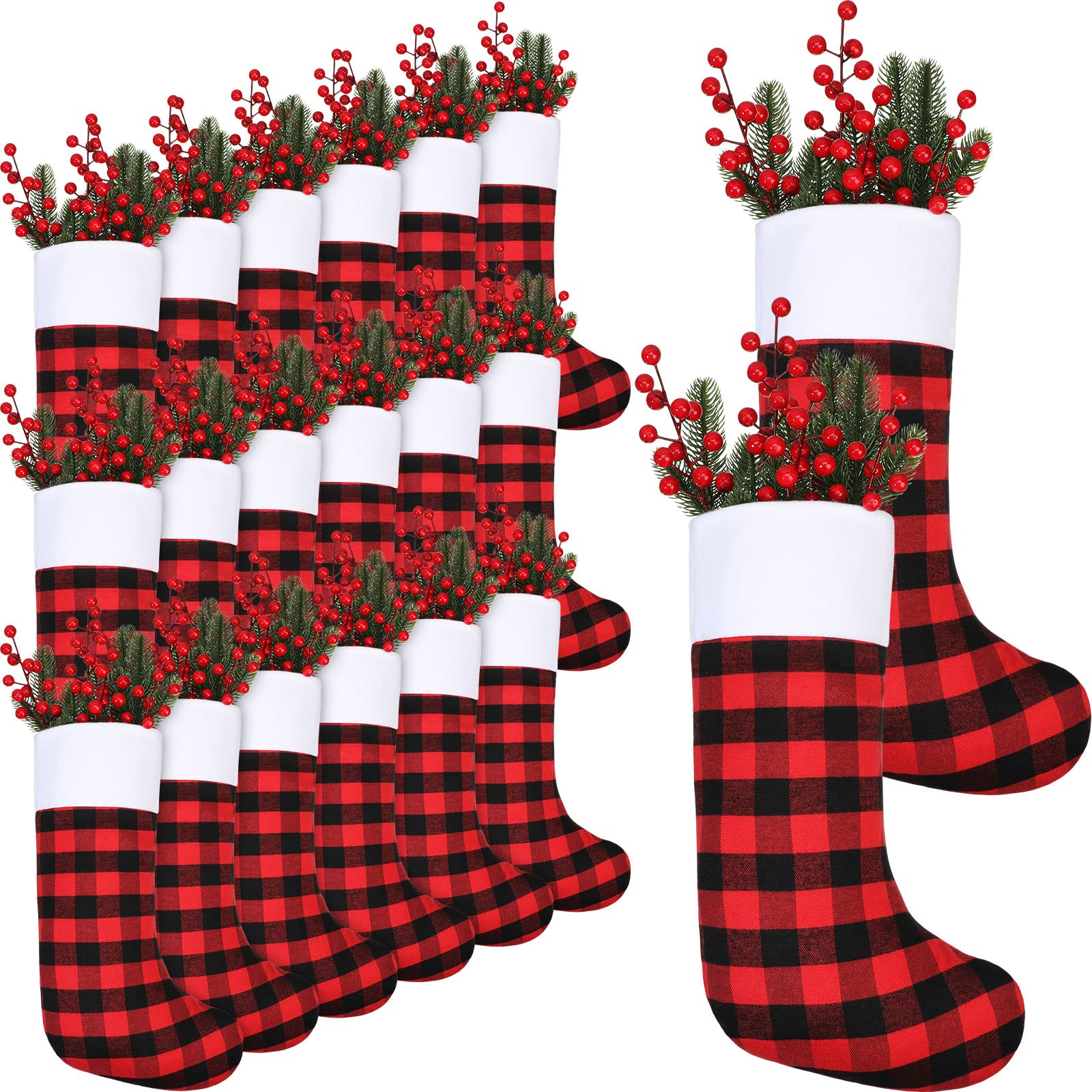 Zhanmai 30 Pieces Christmas Stockings Buffalo Checkered Stockings with Plush Cuff Fireplace Hanging Stockings for Family Xmas Decoration Holiday Season Party (Red and Black, White Cuff,18 Inch)