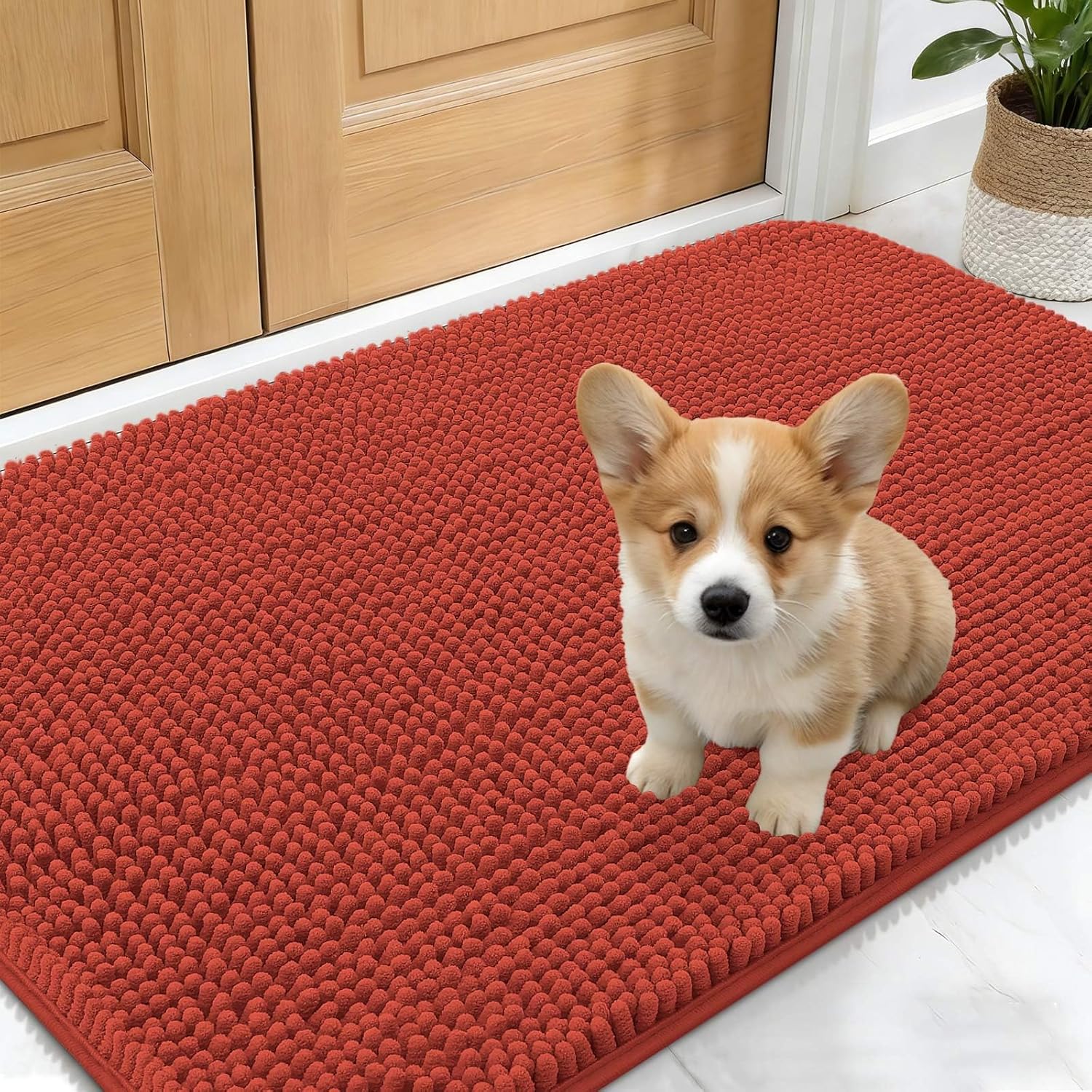 OLANLY Dog Door Mat - Absorbent Non-Slip Chenille Mat for Muddy Paws | 24x16, Quick Dry, Maple Red