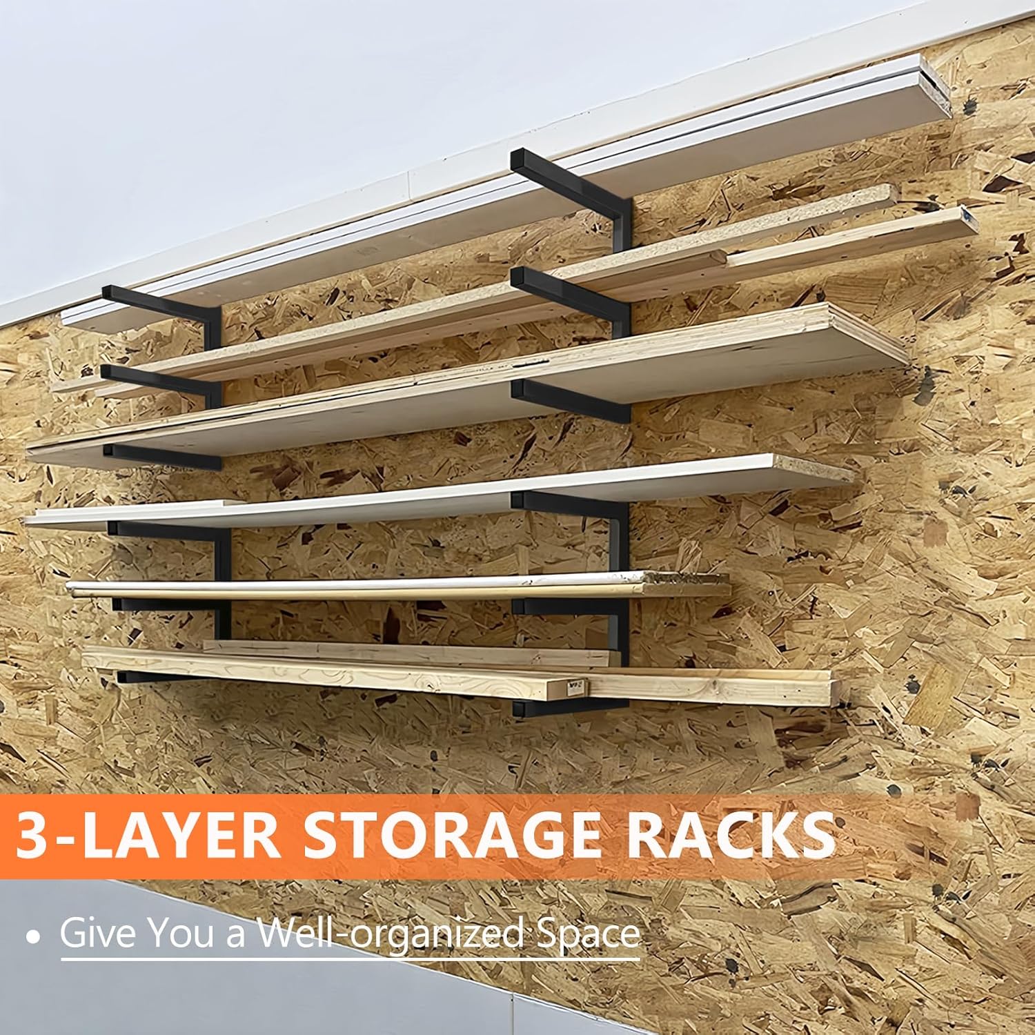 Wood Storage Racks - 3-Level Wall-Mounted Organizer by [Brand Name] | Durable Metal Lumber Shelving (Black - 4 Pack)