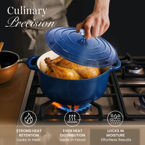 Cast Iron Pot with Lid – Non-Stick Ovenproof Enamelled Casserole Pot, Oven Safe up to 500° F – Sturdy Dutch Oven Cookware – Dark Blue, 5-Quart, 24cm – by Nuovva