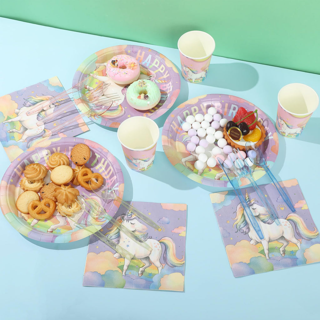 Zotmala Birthday Party Supplies Kit for 24 Guests, 170 Pcs for Unicorn Birthday Decorations, Includes Dinner & Dessert Plates, Napkins, Cups, Cutlery, Banner and Tablecloth
