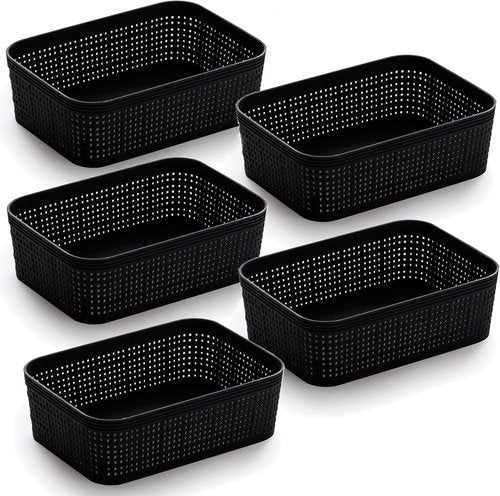 BINO Woven Plastic Basket - Stylish Space-Saving Storage | XS Black, 5-Pack | Jute Collection