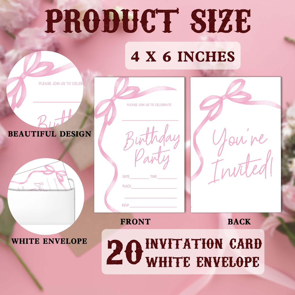 SIXEIGHT Pink Bow Birthday Invitations, Pink Ribbon Bow Birthday Party Invitations, 20 Party Invitations with Envelopes for Girls Boys, Birthday Party Favor & Decoration (4"x6")-A04