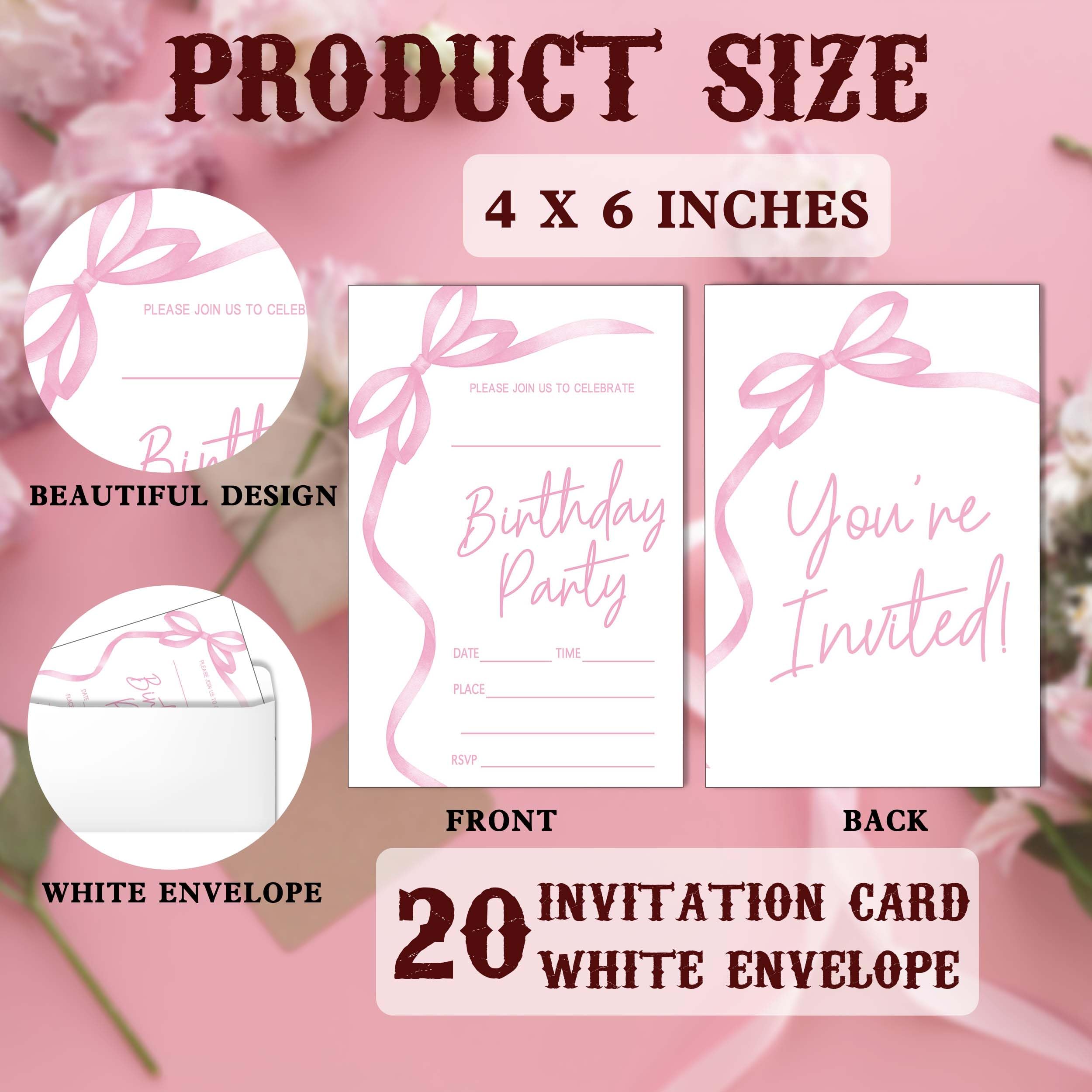 SIXEIGHT Pink Bow Birthday Invitations, Pink Ribbon Bow Birthday Party Invitations, 20 Party Invitations with Envelopes for Girls Boys, Birthday Party Favor & Decoration (4"x6")-A04