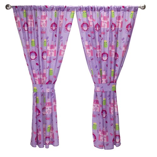 Pink Princess Drapes for Girls Bedroom Castles, Frogs and Chariots; 4-Pc Princess-Themed Kid Curtains with 2 Panels 82" x 63" Total Size and 2 Tiebacks; Fairyland Classroom and Nursery Curtains