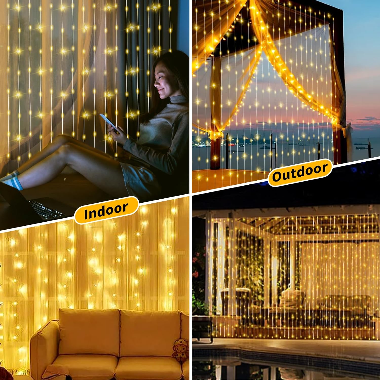 Skiennix Solar Curtain Lights - Waterproof 10x10 Ft 300 LED Twinkle Fairy Lights | 8 Modes, Remote Control, Rechargeable for Outdoor Events