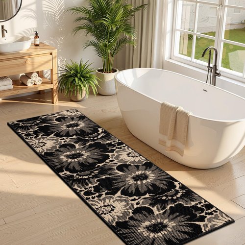 Findosom Hallway Runner Rug 2x8, Non Slip High-Low Textured Floral Washable Runner Rug with Rubber Backing, Boho Carpet Runner for Kitchen, Entryway, Bedroom, Laundry, Black & Beige
