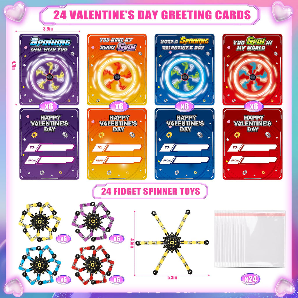 ShyLizard 24 Pack Valentine's Day Cards for Kids with Fidget Spinners, Valentines Day Gifts for Kids, Deformable Robot Fidget Toy Exchange School Classroom Valentines Party Favor Game Prizes