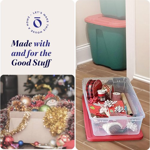 HOMZ Holiday Tote Storage Bins - 2-Pack Clear Plastic Organizers with Lids, 41 Quart, Red