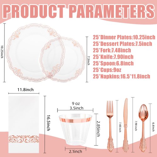 Ciaell 175 PCS Rose and Gold Plastic Plates - Fancy Rose Gold Disposable Dinnerware Set with of 50 Plates, 25 Knives, 25 Forks, 25 Spoons, 25 Cups, 25 Napkins for Wedding & Party & Easter