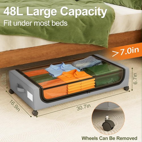 GoMaihe Under Bed Storage - 48L Rolling Containers with Lids for Shoes & Clothes | Grey 2-Pack