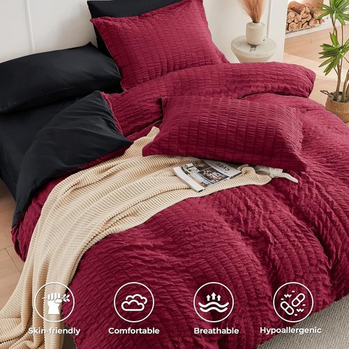 HYMOKEGE Comforter Set - Luxury 7-Piece All-Season Bedding in Red & Black | Full Size, Seersucker Design