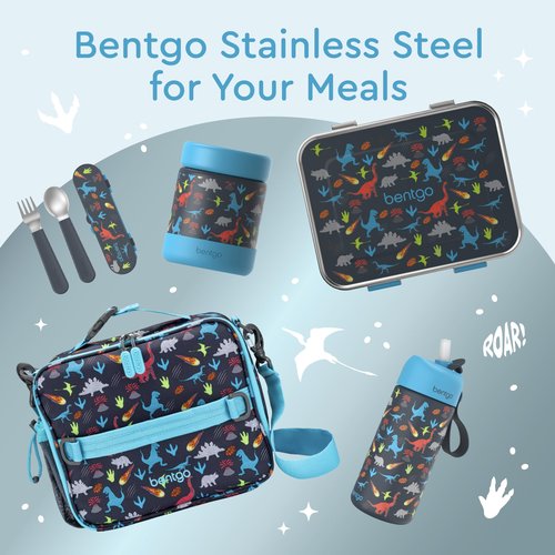 Bentgo Kids Stainless Steel Prints Leak-Resistant Lunch Box - 3-Compartments with Bonus Silicone Container, Durable, Eco-Friendly, Dishwasher Safe, BPA-Free, Ideal for School, Ages 3+ (Dinosaur)