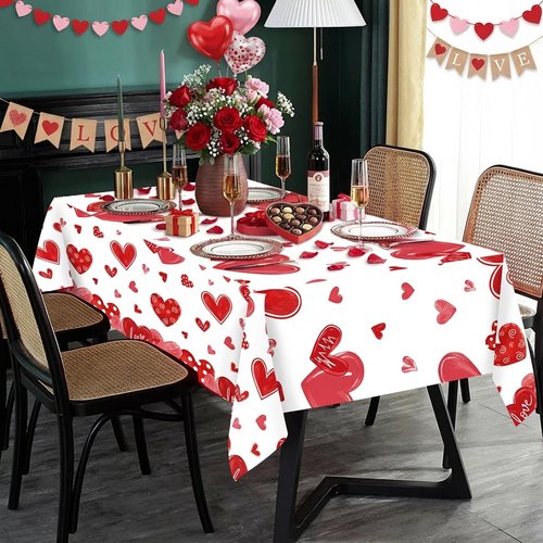 Ohkishly 3Pcs Valentines Tablecloth 54x108 Inch，Plastic Red Love Heart Table Cloth Valentines Tables Cloth,Disposable Plastic Tablecloth for Valentine Decorations,Table Cover for Party Decor