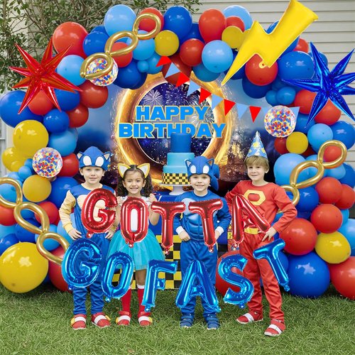 Red Blue Yellow Hedgehog Birthday Party Decorations with Letter Lightning foil balloons Banner backdrop for small balloon arches video game Cartoon Movies Super hero themed birthday party decor