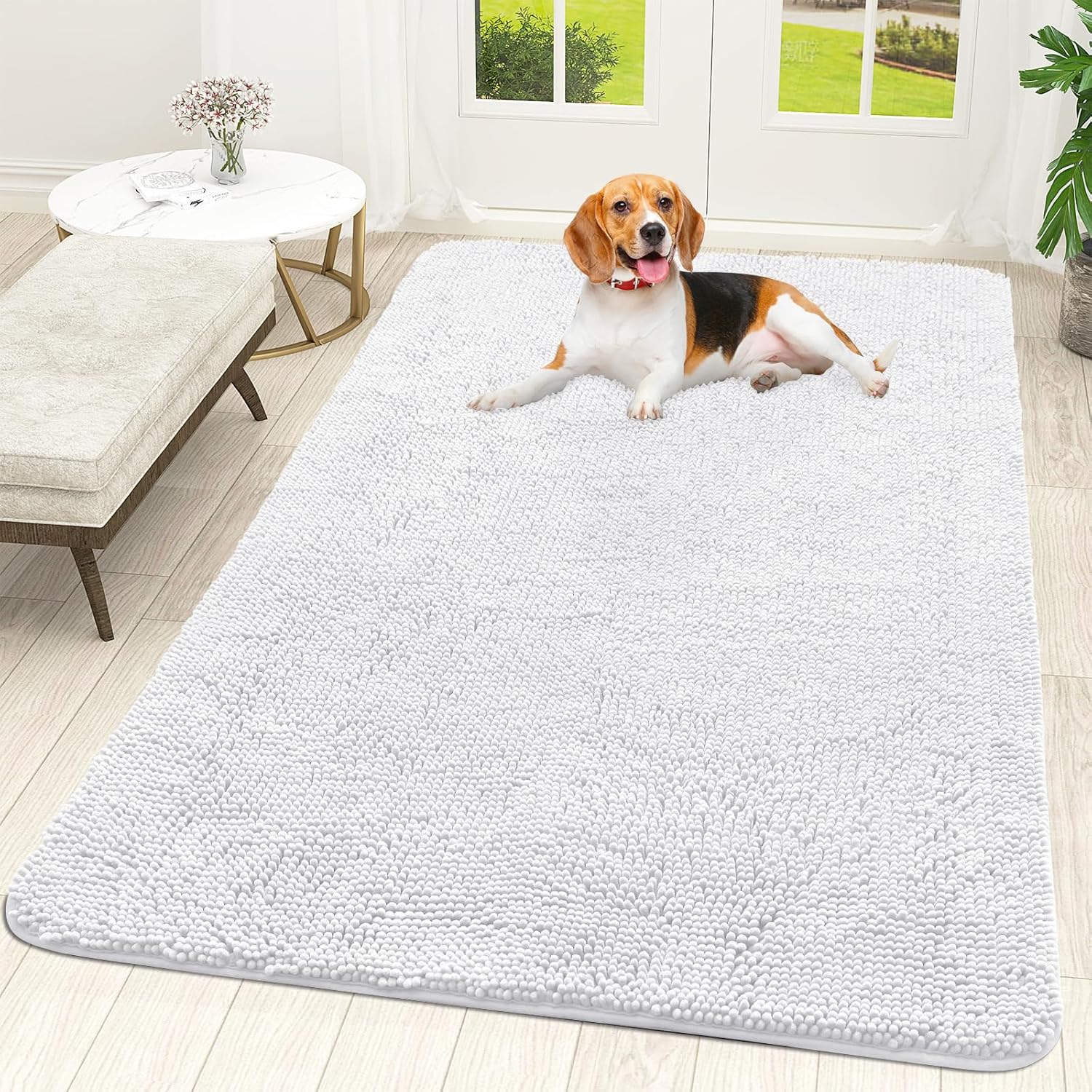 OLANLY Dog Door Mat - Absorbent Non-Slip Chenille Mat for Muddy Paws | 59x35 Inches, Quick Dry, White