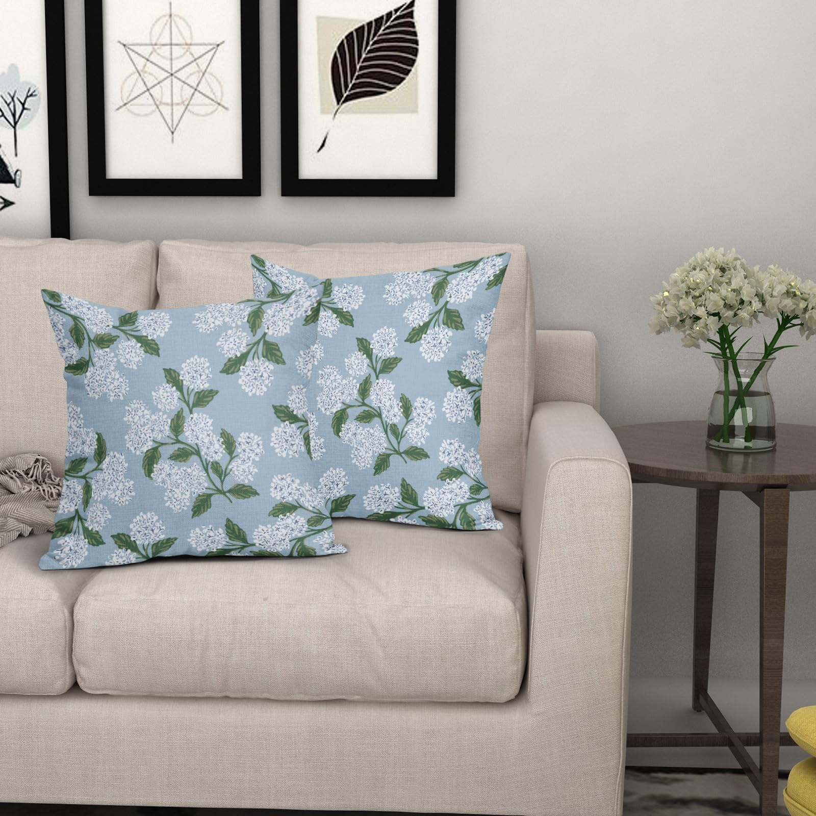 Light Blue Green White Hydrangea Pillow Covers 18x18 Set of 2 Floral Leaves Print Decorative Throw Pillowcases Outdoor Rustic Flower Farmhouse Spring Cushion Cases Decor for Home Couch Sofa Bed