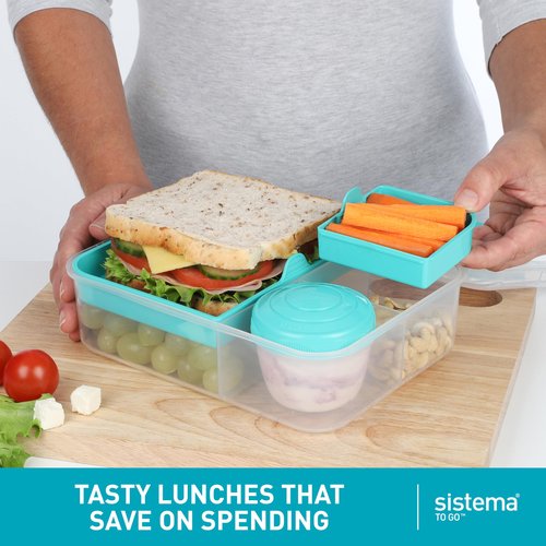 Sistema TO GO Bento Box Cubes | 1.65 L | School Lunch Boxes With Compartments & Snack Pots | BPA-Free | 2 Count | Minty Teal & Ocean Blue