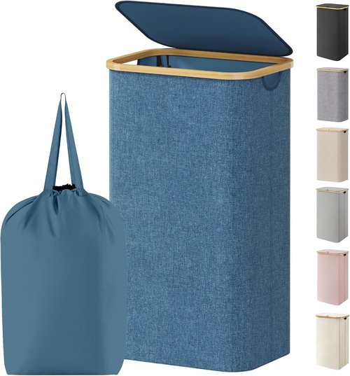 Lifewit 100L Laundry Basket - Foldable Hamper with Lid & Bamboo Handles | Dark Blue, Removable Bag