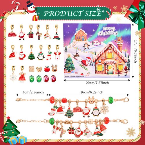 2025 Christmas Advent Calendar Bracelets, 24 Days Christmas Countdown Calendar with 2pcs DIY Charm Bracelets Kits,DIY Christmas Charm Bracelet Gifts