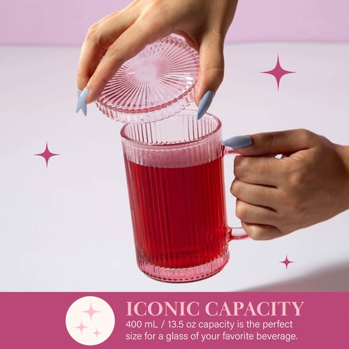 Paris Hilton Ribbed Glass Mug Set with Dual Use Lid/Coaster, Elegant Fluted Glassware, Perfect for Coffee, Tea or any beverage, Set of 2, 13.5-Ounce, Pink