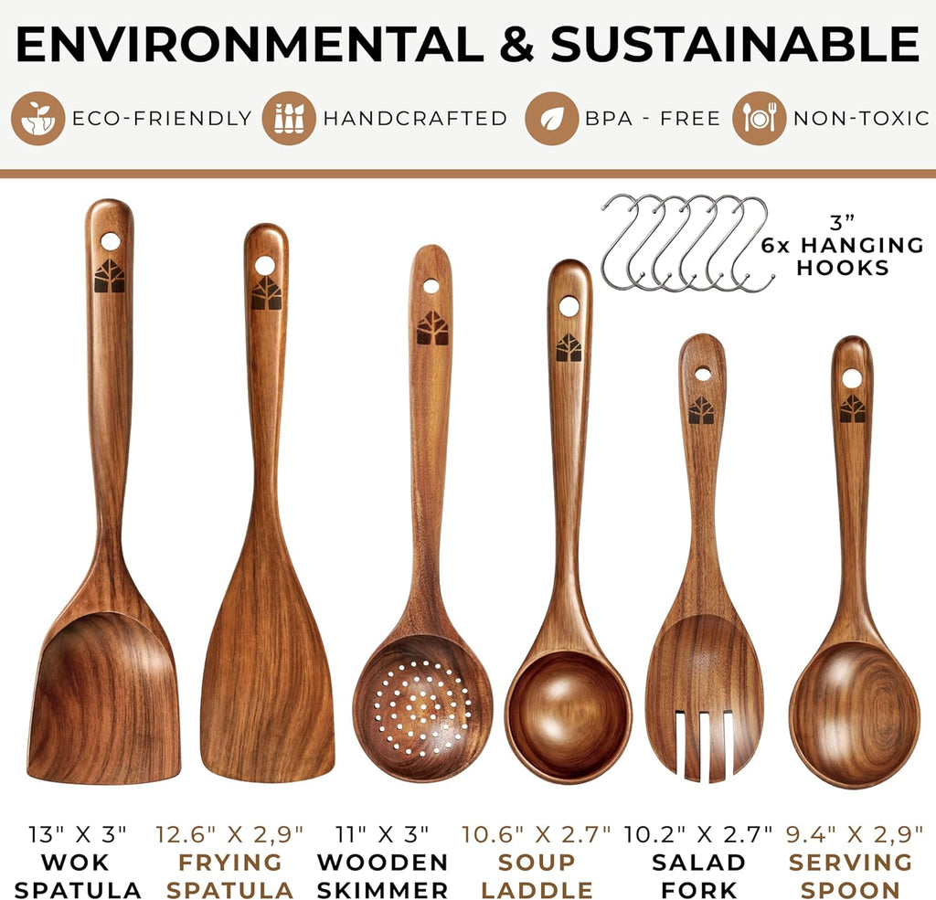 Skiennix Wooden Spoons for Cooking - 6-Piece Premium Teak Utensil Set | Durable, Nonstick, Easy to Clean