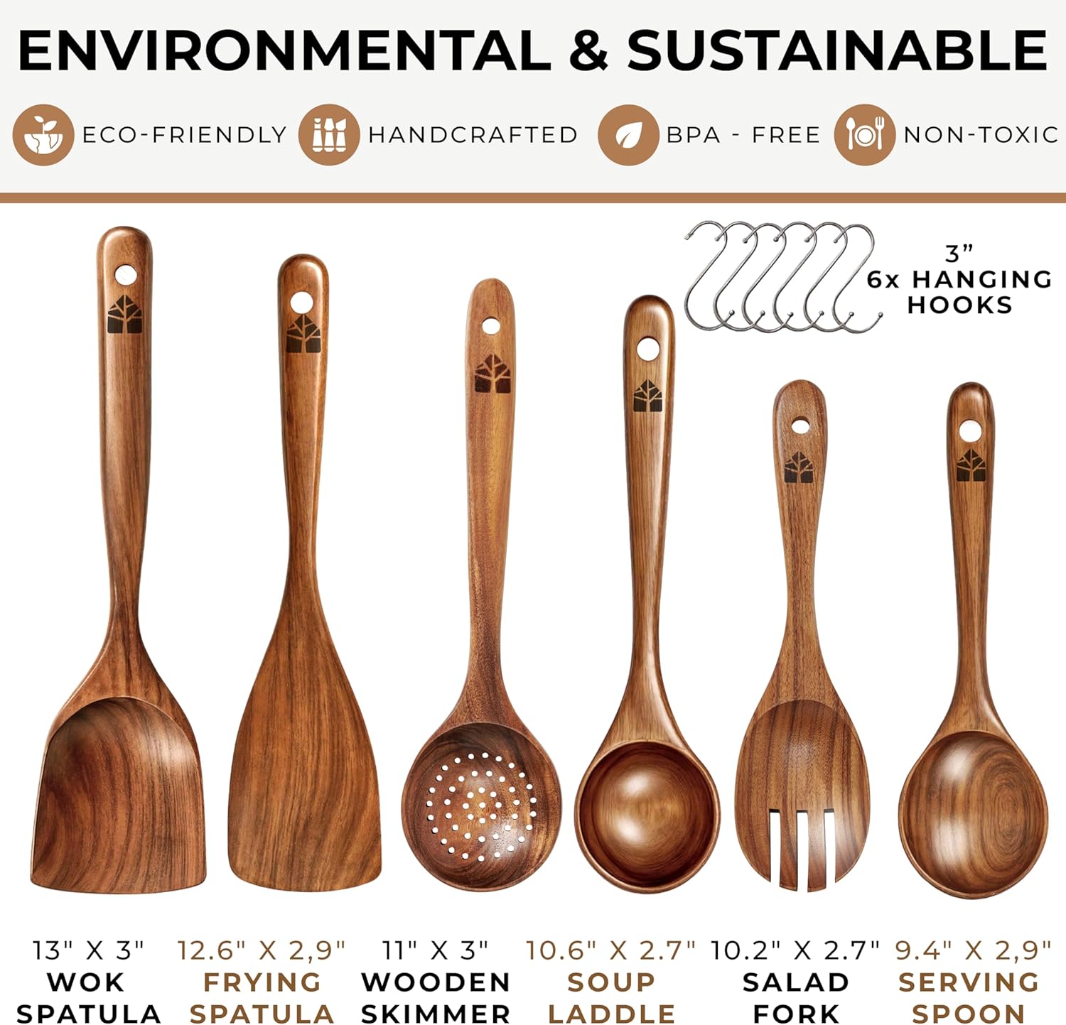 Skiennix Wooden Spoons for Cooking - 6-Piece Premium Teak Utensil Set | Durable, Nonstick, Easy to Clean