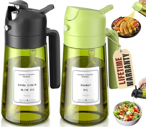 Vakoo 2 in 1 Oil Sprayer and Oil Dispenser for Kitchen - 16oz/470ml Light-Blocking Dark Glass Olive Oil Spray Bottle for Cooking, Air Fryer, Salad & BBQ (Black&Green)