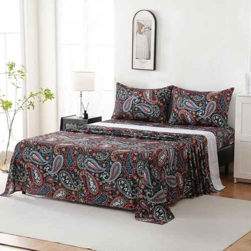 Yibeizi Queen Sheet Set Deep Pocket Queen Size Black Paisley Bed Sheets Set, Dark Floral Printed Soft Microfiber Oeko-Tex Sheets & Pillowcases Hypoallergenic Wrinkle Free Bedsheets