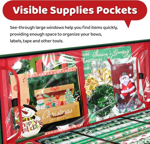 Fabspace Christmas Wrapping Paper Storage Containers - 40 Inch Gift Wrap Organizer with Visible Pockets | Red