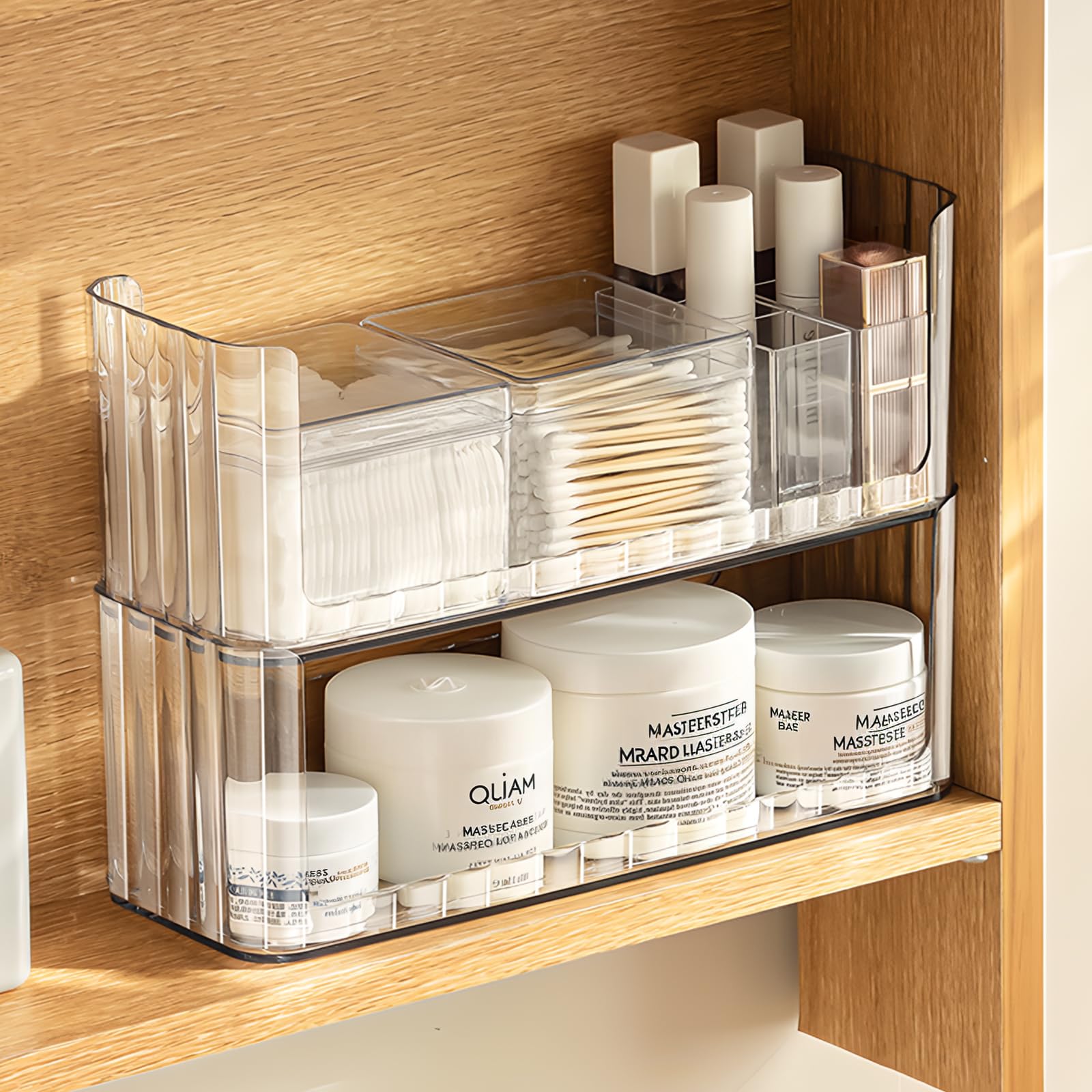 PAVSTINE 2-Tier Stackable Medicine Cabinet Organizer, Narrow Bathroom Makeup Organizer with Lipstick Holders & Cotton Swab Cases, Clear Countertop Shelf for Mirror Cabinet and Vanity