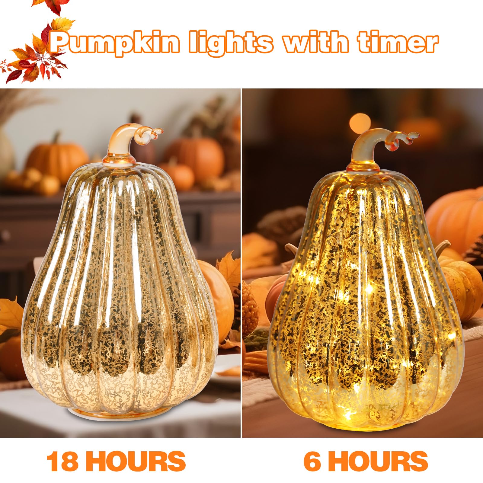 Glass Pumpkin Lights with Warm Yellow LED String, Set of 2 – 13.4” & 11.8” Tall Amber Glass Pumpkins for Fall, Halloween, Thanksgiving Table Centerpiece, Indoor Autumn Home Decor