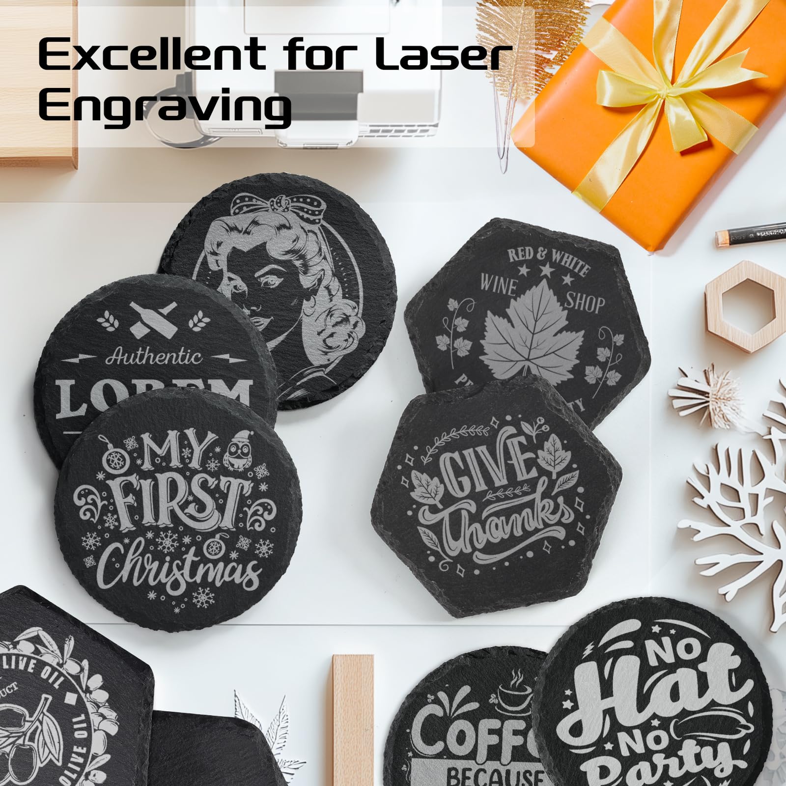 60 PCS Slate Coasters Bulk, MAPRIAL 4 Inch 30PCS Black Round, 30PCS Hexagon Stone Coasters for Laser Engraving, Handmade Drink Coaster Engravable Blanks Material for Engraver, Crafts, Gifts
