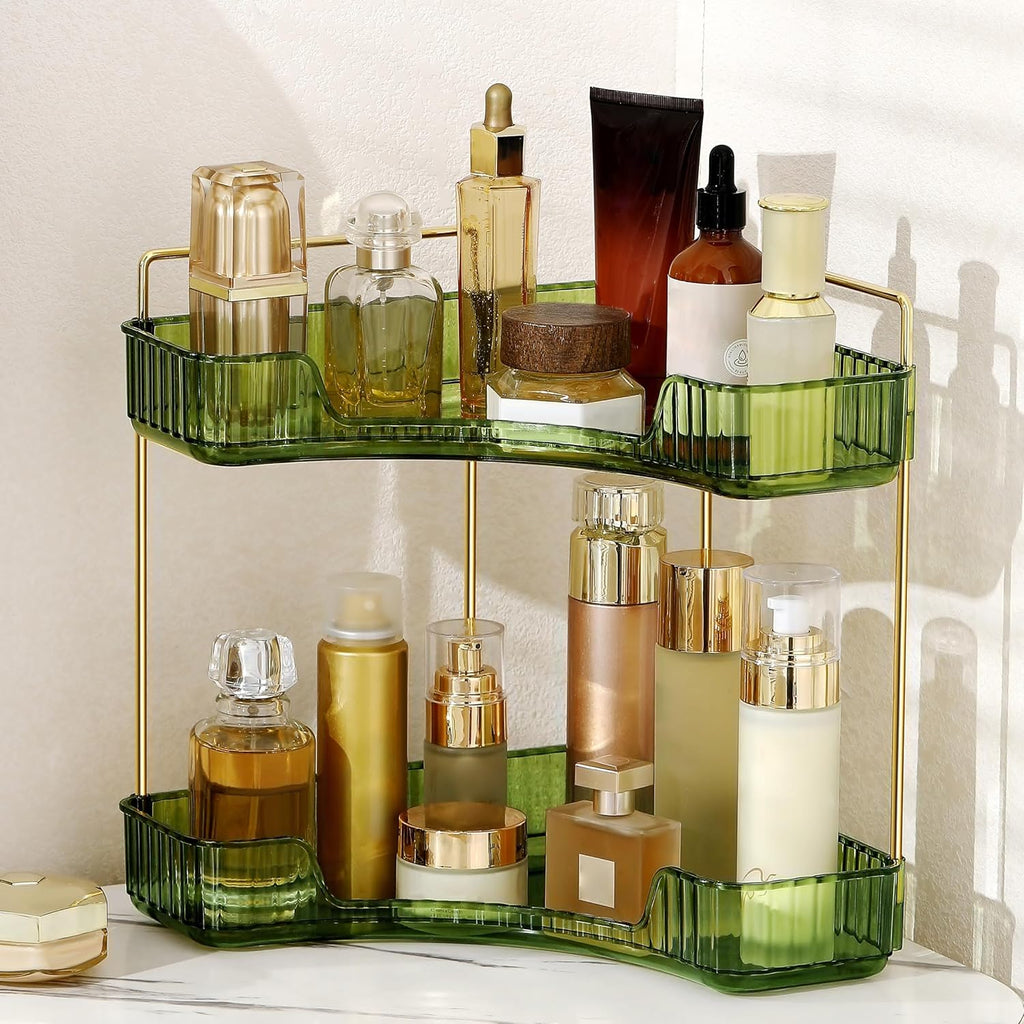 Skiennix Corner Bathroom Counter Organizer - 2-Tier Makeup & Perfume Shelf in Green