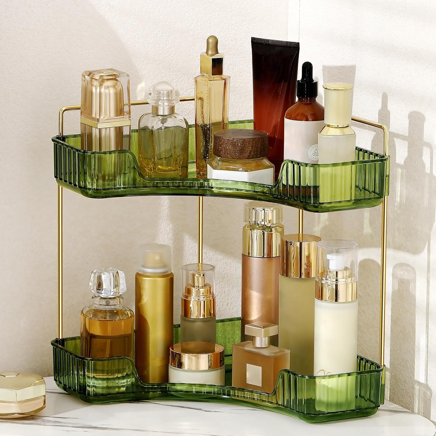 Skiennix Corner Bathroom Counter Organizer - 2-Tier Makeup & Perfume Shelf in Green