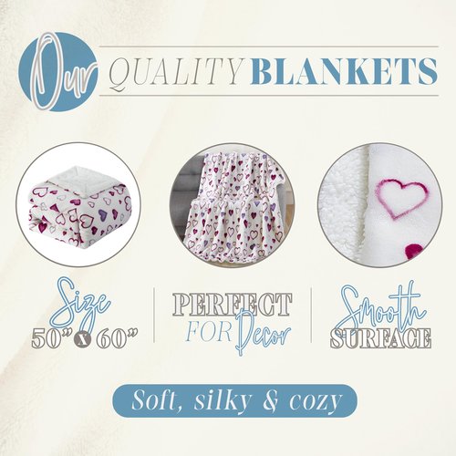 Elegant Comfort Valentine's Day Sherpa Fleece Throw Blanket for Couch - Soft and Warm Sherpa Backing Reversible Purple Hearts Blanket Decor Gifts for Her, 50 x 60 inches, Mia