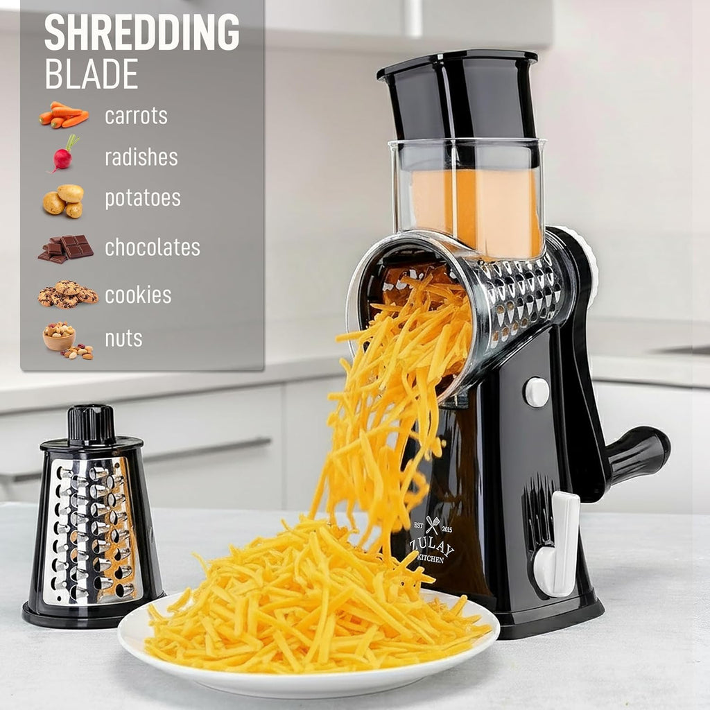 Zulay Kitchen Rotary Cheese Grater - 5 Blade Manual Cheese Shredder with Suction Base & Interchangeable Drums