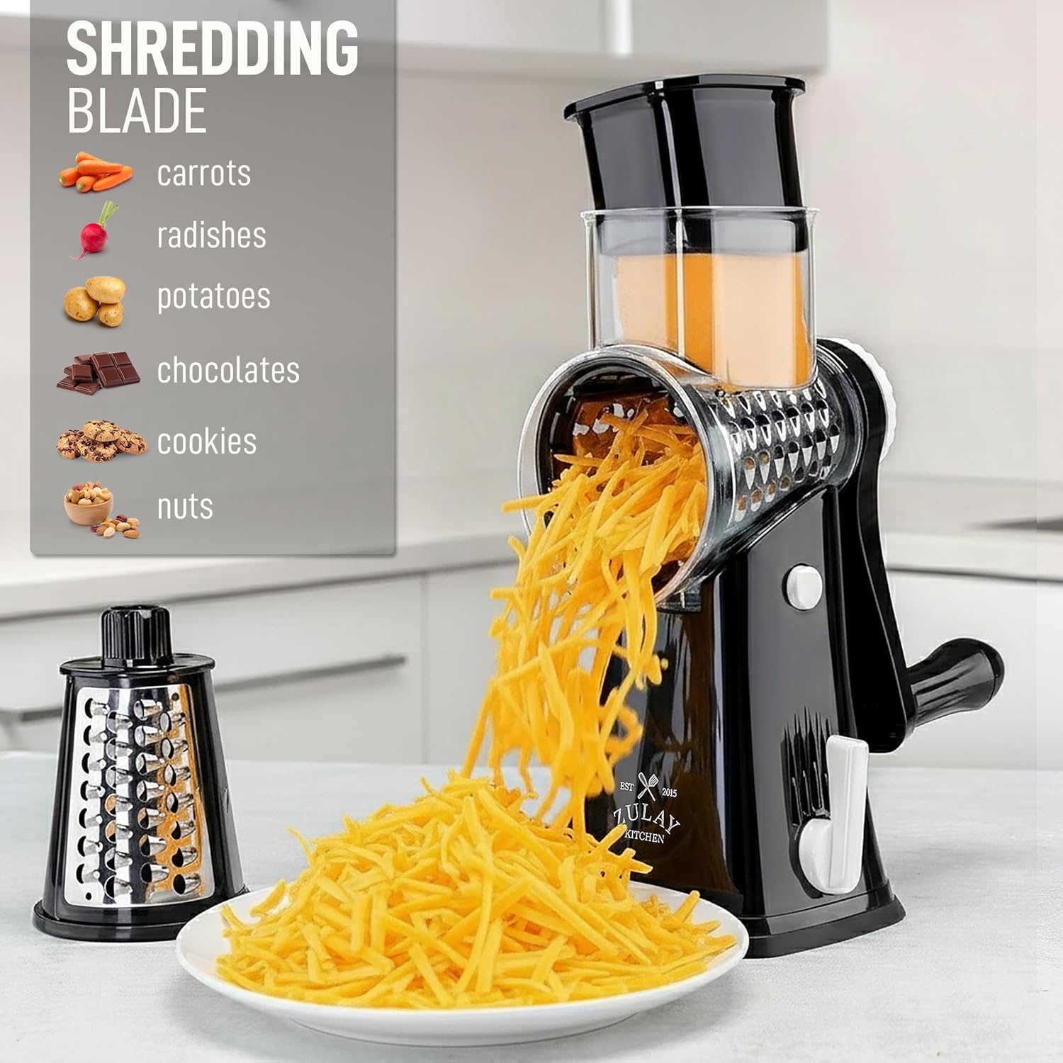 Zulay Kitchen Rotary Cheese Grater - 5 Blade Manual Cheese Shredder with Suction Base & Interchangeable Drums